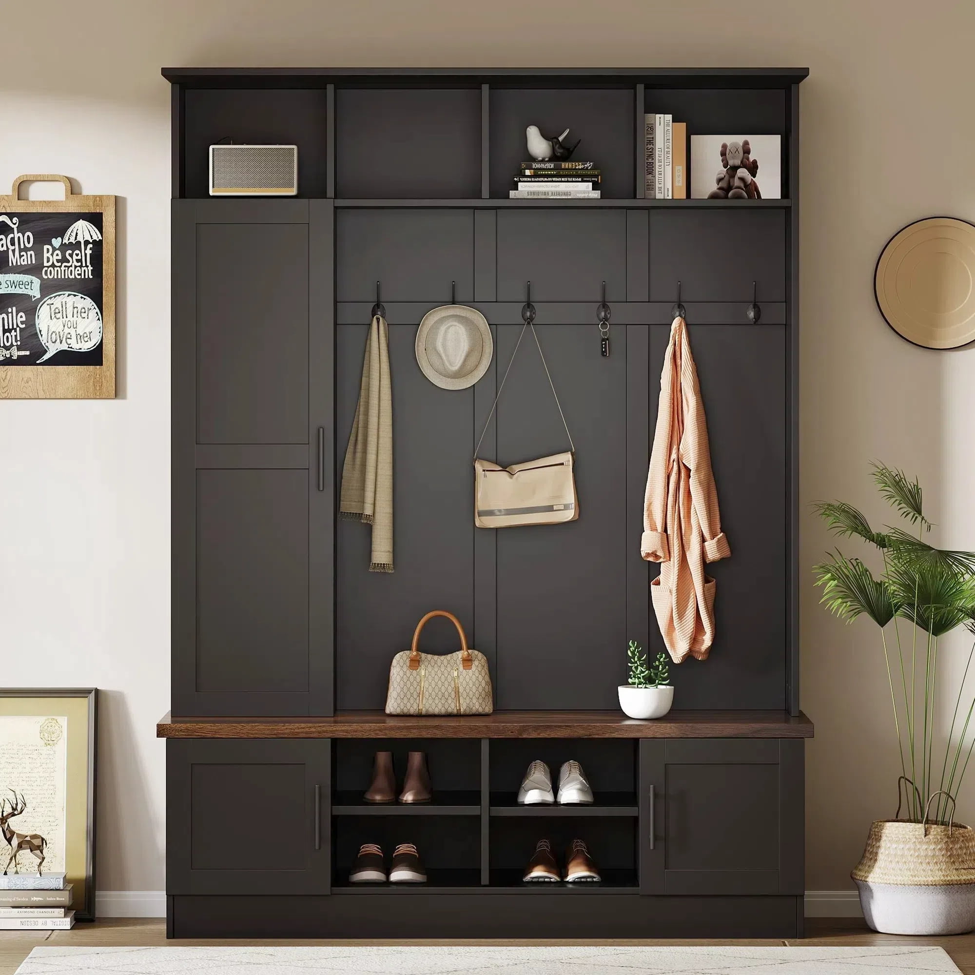 Euroco Versatile 3-in-1 Hall Tree with 6 Hooks, Farmhouse Walnut Storage Bench with Adjustable Shelves, 55"W Entryway Coat Rack with Multiple Storage Space
