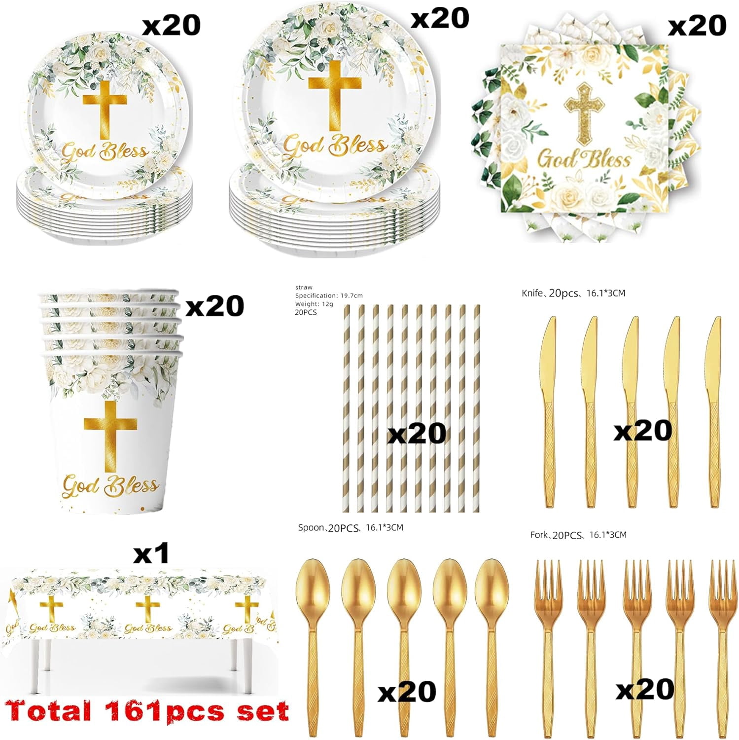 161 Pcs God Bless Tableware Set, Baptism First Holy Communion Party Decorations Supplies for Newborn Baby Shower, Baptism Church Cross White Floral, Serves 20 Guests