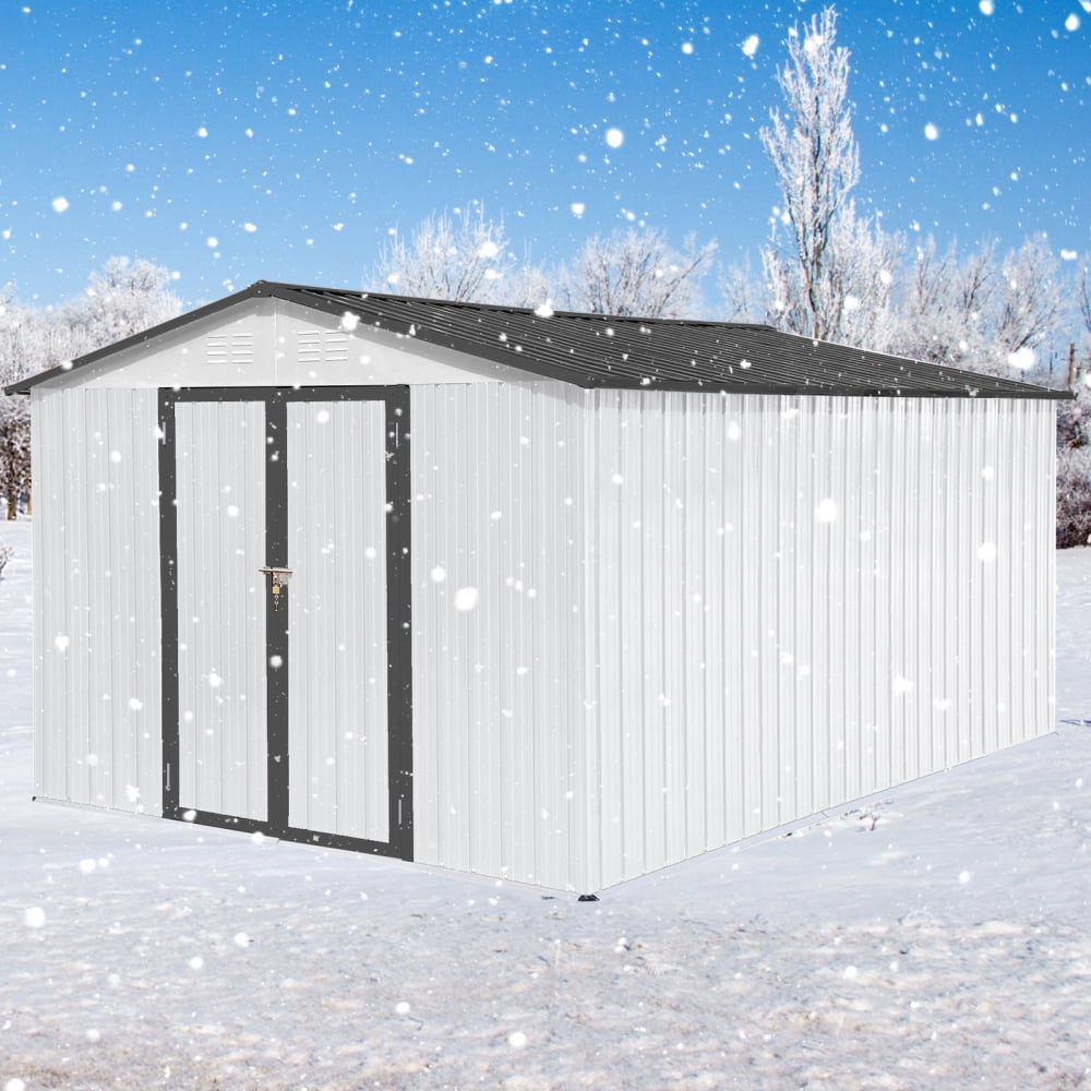 Sleek White & Grey 10ft x 12ft Metal Garden Shed – The Ideal Outdoor Storage Solution! Enjoy Ample Space and Stylish Design to Keep Your Tools and Garden Gear Organized and Protected!