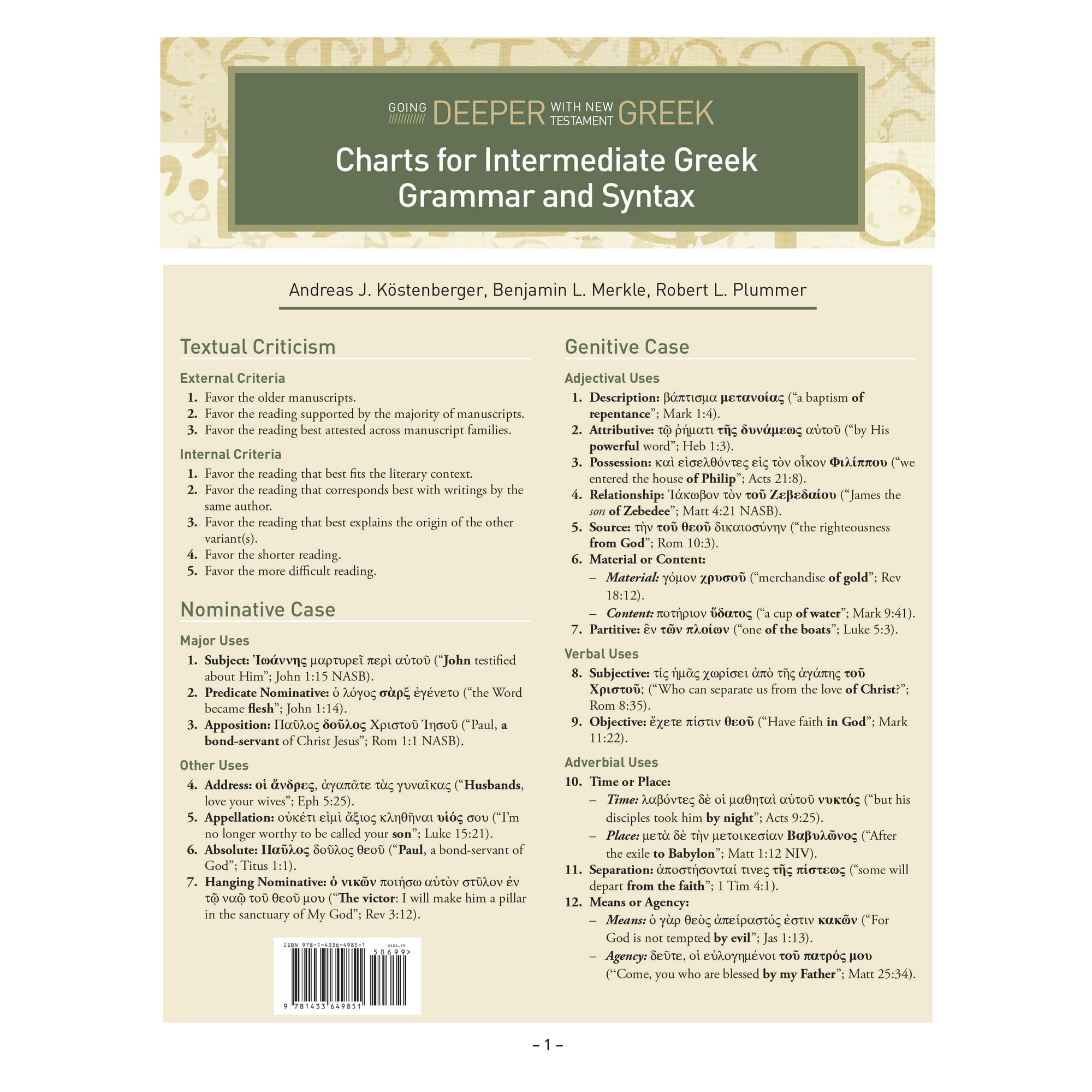 Charts for Intermediate Greek Grammar and Syntax : A Quick Reference Guide to Going Deeper with New Testament Greek (Miscellaneous print)