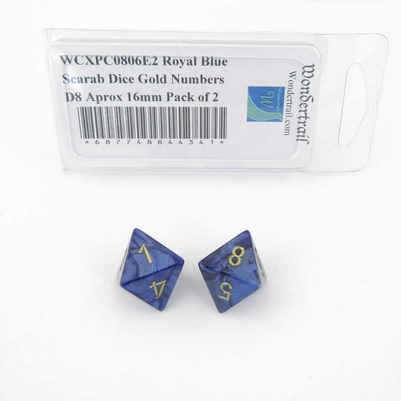 Royal Blue Scarab Dice with Gold Numbers D8 Aprox 16mm (5/8in) Pack of 2 Wondertrail