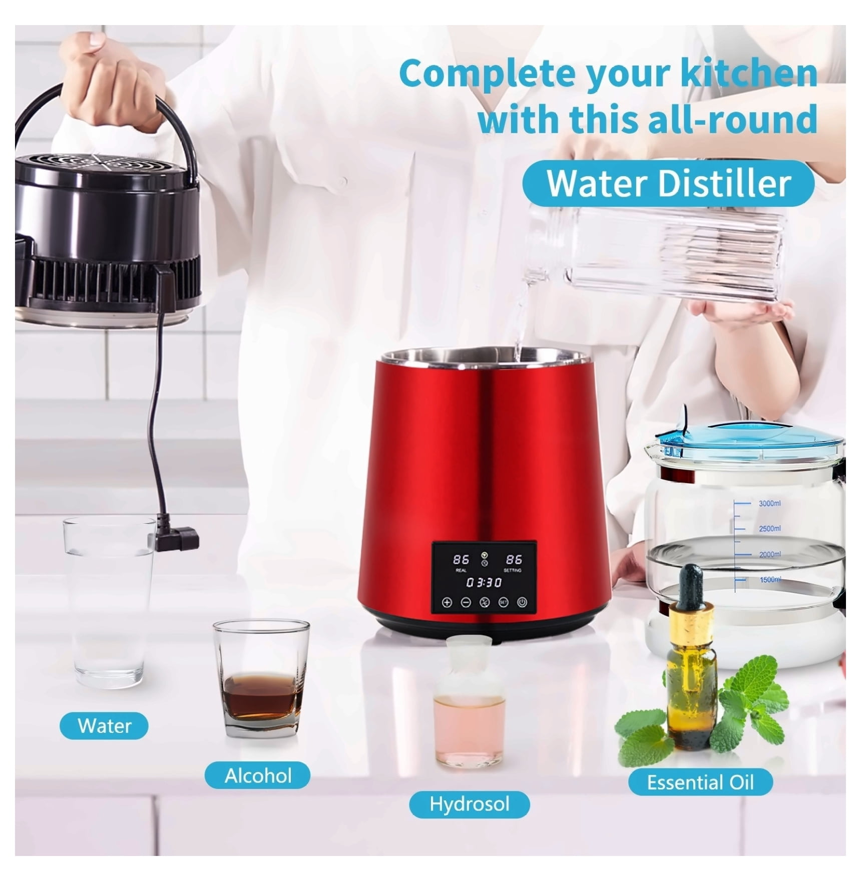 1.1Gal Water Distiller, 750W Distilled Water Maker, 1L/H, Timing & Temp Control, 304 Stainless Steel, Glass Carafe, Cleaning Powder & Carbon Filters