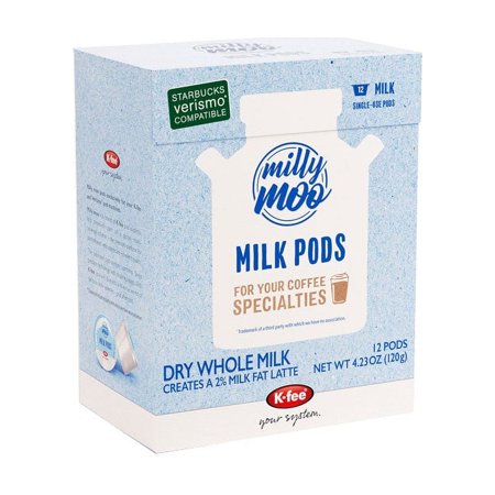 Milly Moo Single Serve Milk Pods K-fee® & Starbucks® Verismo* Compatible | 72 Count (6 boxes X 12 Pods) | Whole Milk Single Serve Pods for Lattes  Cafe Au Laits & more