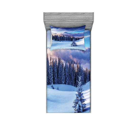 Winter Fitted Sheet & Pillow Sham Set, Surreal Cold Season Scenery High Mountain Peaks and Snowy Coniferous Pine Trees, Decorative Printed 4 Piece Bedding Decor Set, Twin, Blue White, by Ambesonne