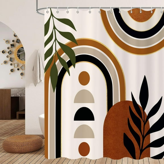 Mid Century Boho Shower Curtain, Terracotta Abstract Modern Sun Minimalist Aesthetic Arch Curve Leaves Geometric Bathroom Curtain Waterproof Fabric Machine Washable with Hooks, 84" Wx72 L