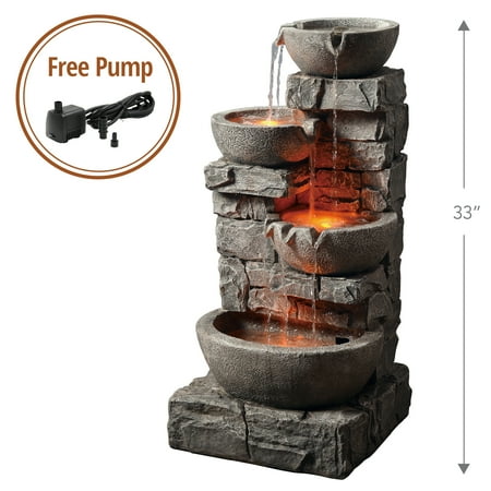 Peaktop Outdoor Stacked Stone Tiered Bowls Fountain with LED Light