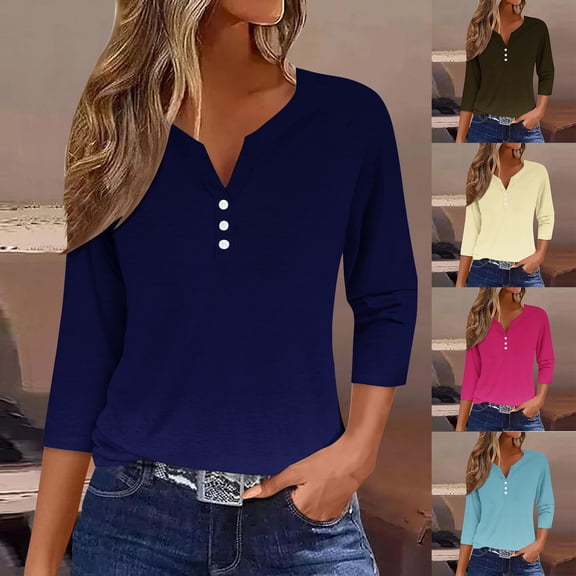 2025 New Fashion Plus Size Women's Fashion Casual Solid T-shirt 3/4 Sleeves Buttons Blouse V-Neck Casual Tops