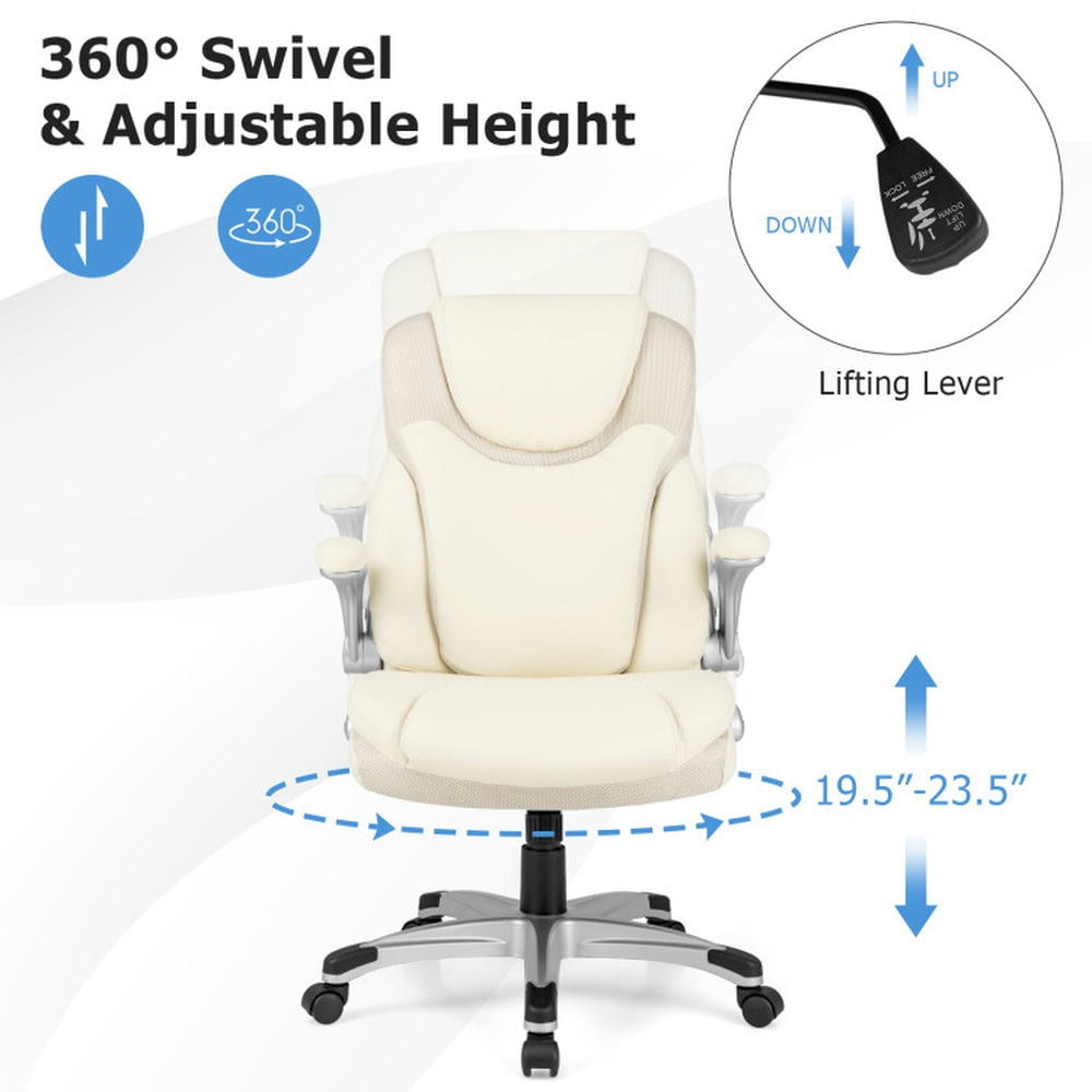 Demi Bonn Ergonomic Office PU Leather Executive Chair with Flip-up Armrests and Rocking Function, for Home, Bedroom, Study, White