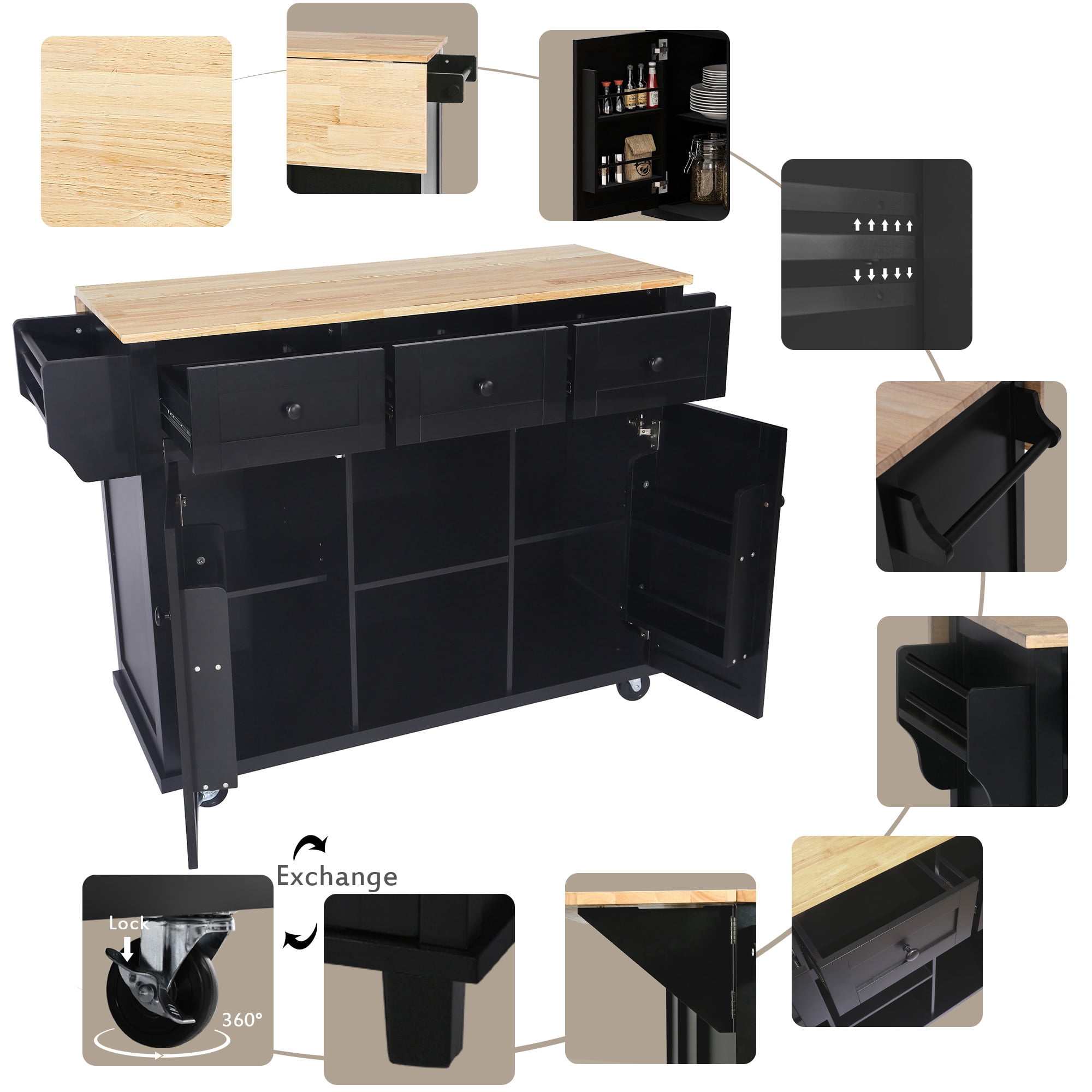 Kitchen Cart with 3 Drawers,Rolling Kitchen Island with Rubber wood Drop-Leaf Countertop,Storage Cabinet,Black