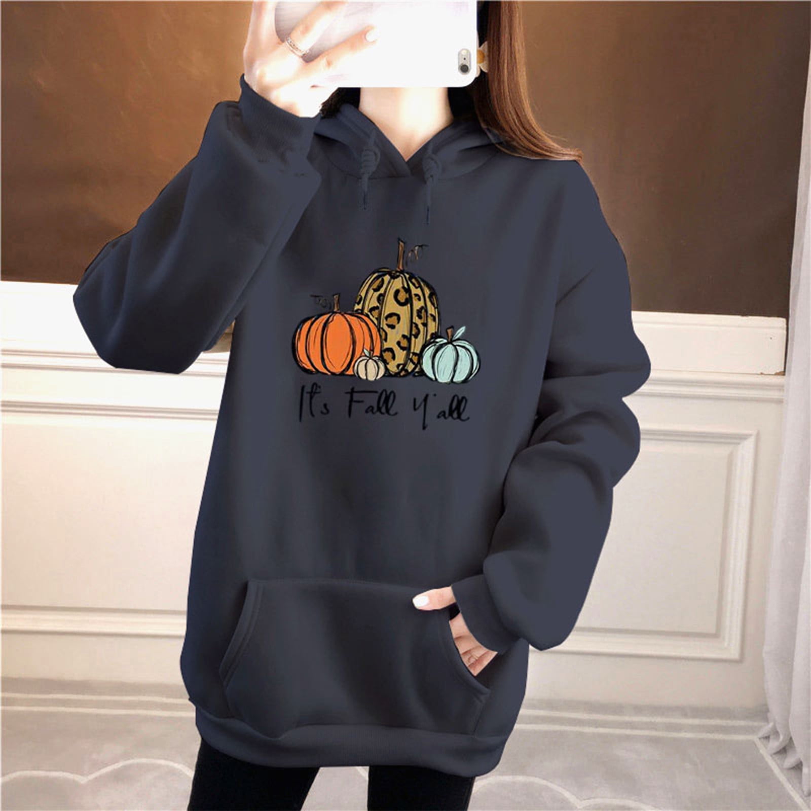 Fesfesfes Women Hooded Halloween Pumpkin Print Loose Drop Shoulder Hoodie  Plus Velvet Plus Size Sweatshirt Blouse Clearance Under $10 