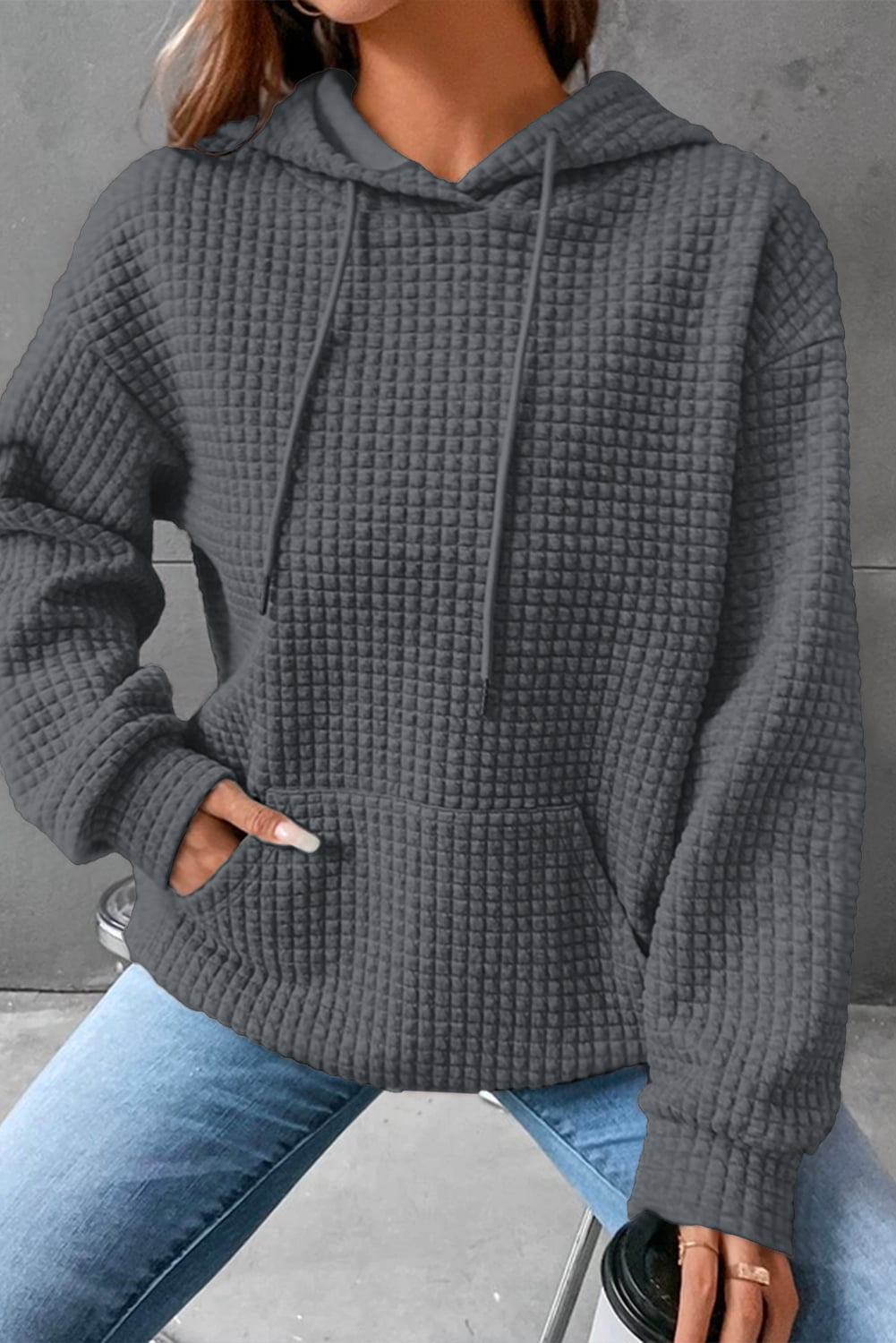 Eytino Hoodies for Women Fall Waffle Knit Hoodies Long Sleeve Drawstring Casual Pullover Sweatshirt with Pockets Gray 2XL