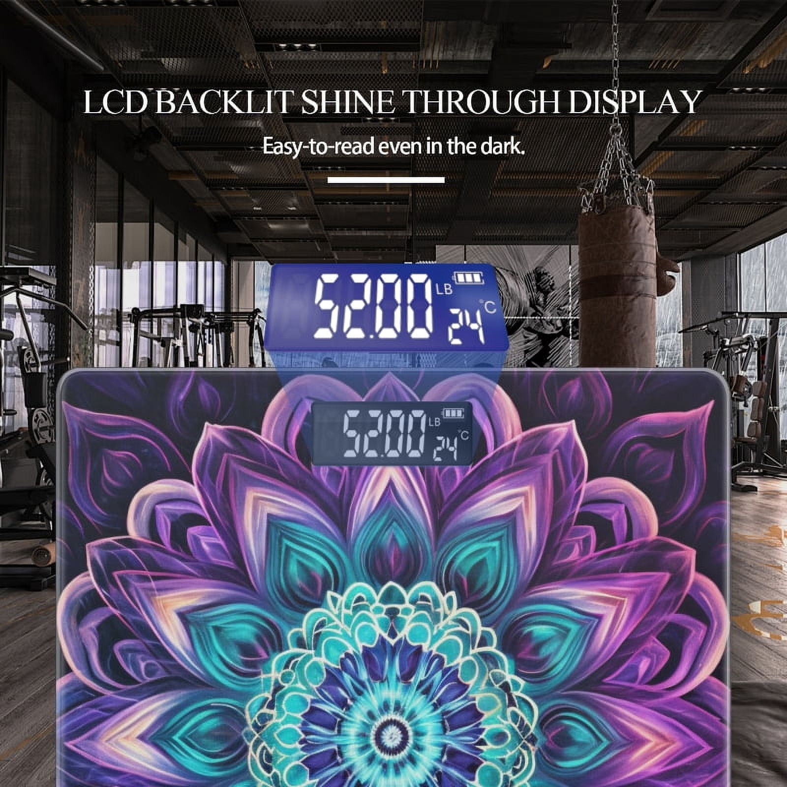 High Precision Body Weight Scale Smart Bathroom Scales with Large LCD Display(400lbs),Decorative for Bedroom-Beautiful Mandala Glowing With Vibrant Colors Of Purple And Teal