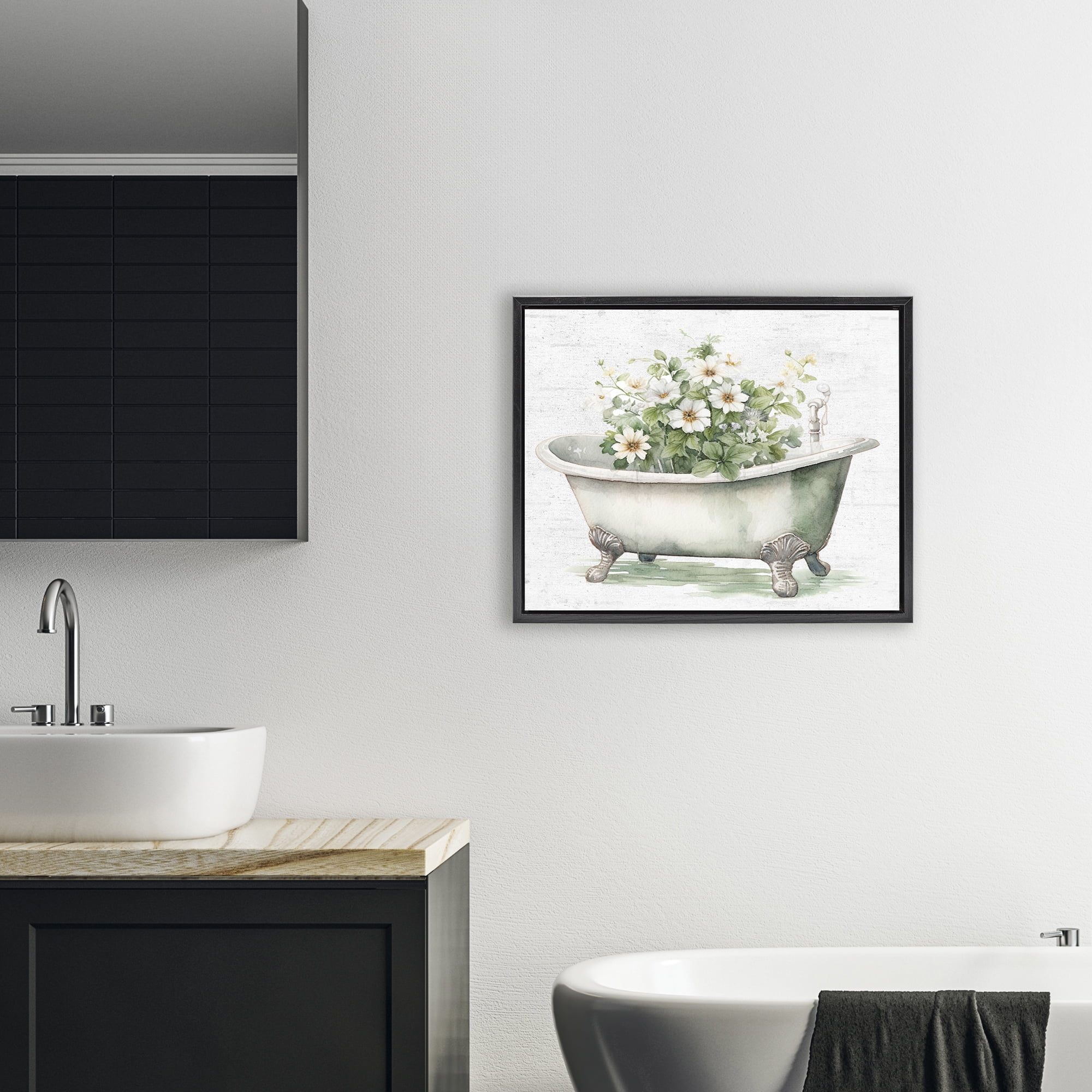 Boho Tub with Daisies Black Framed Floater Canvas Wall Art, design by Lettered and Lined