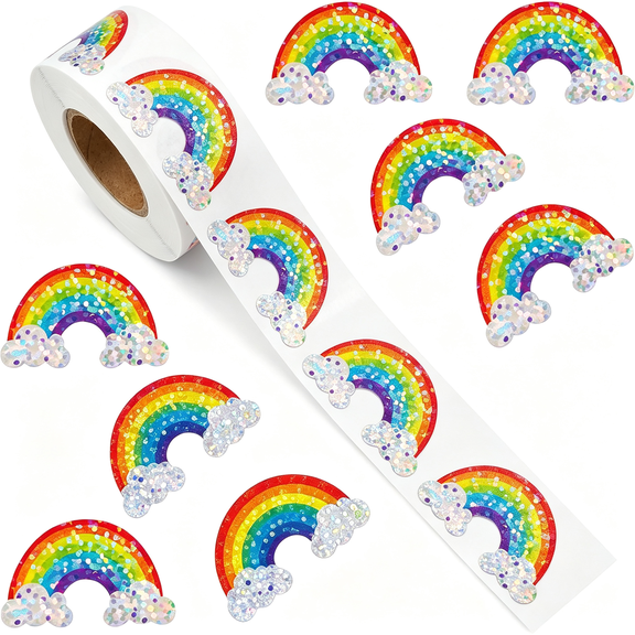 CCOCC 1.8In 500Pcs Rainbow Stickers Roll,Holographic Rainbow Stickers | Durable Adhesive Stickers for Gift Decoration &Amp; Party Favors Laptops,Journals,Classroom Rewards,Party Diy,Seal Stickers