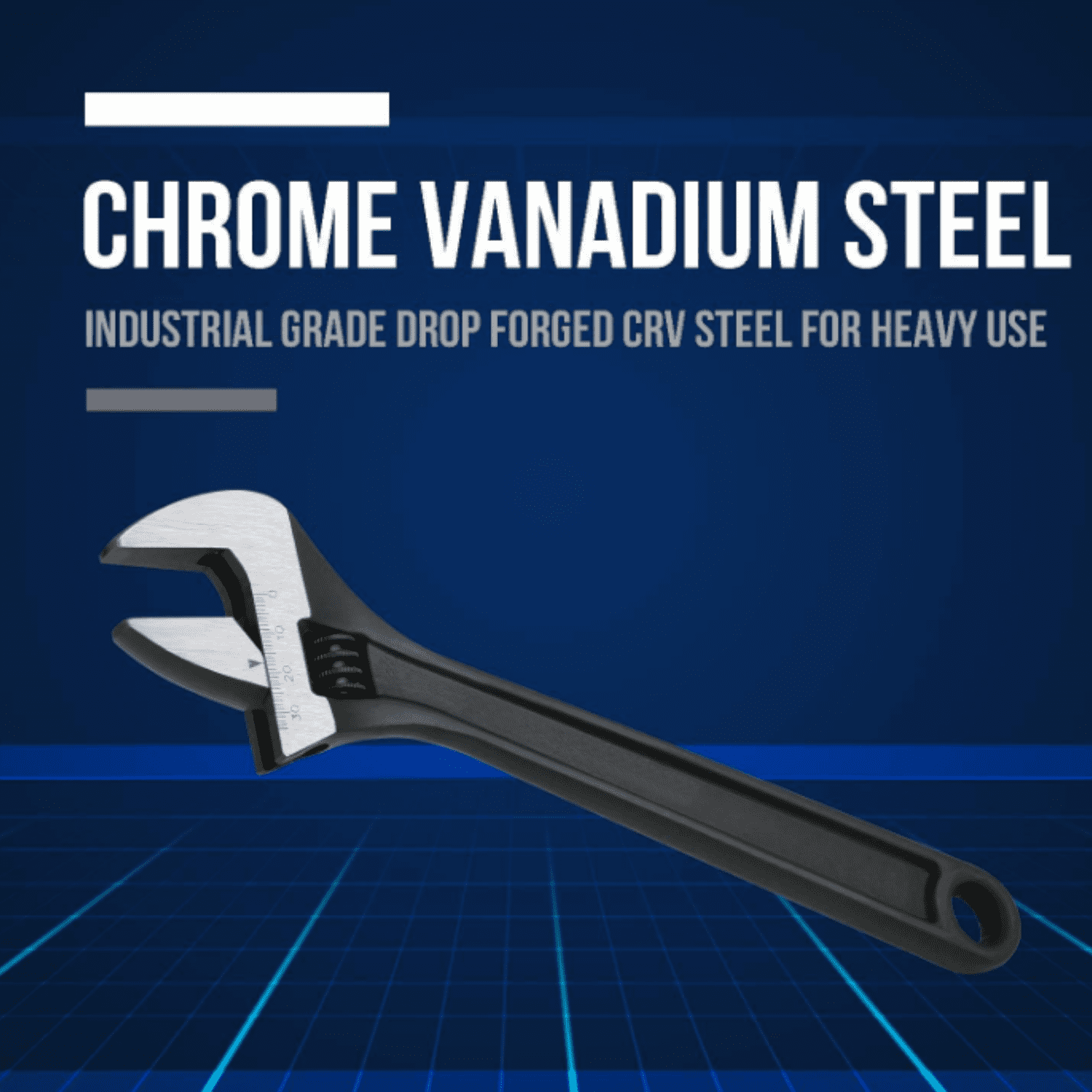 4-Piece CR-V Adjustable Wrench Set, Industrial Grade Drop Forged Chrome Vanadium Steel Black Oxide Finish Wide Jaw, 6, 8, 10, 12 Inch
