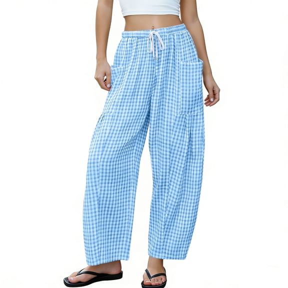 Bosfbaoi Pants for Women Classic Fit Gingham Checkered Womens Pants Drawstring Expandable Waist Barrel Pants Casual Beach Vacation Trousers with Pockets