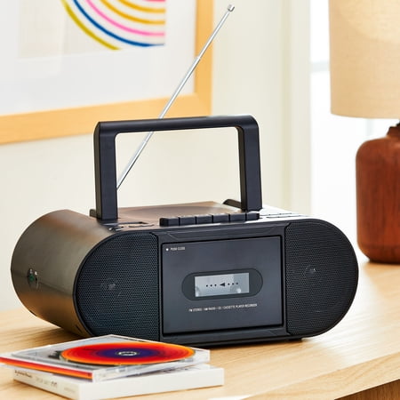 ONN. PORTABLE CD/CASSETTE BOOMBOX WITH BLUETOOTH WIRELESS TECHNOLOGY, BLACK