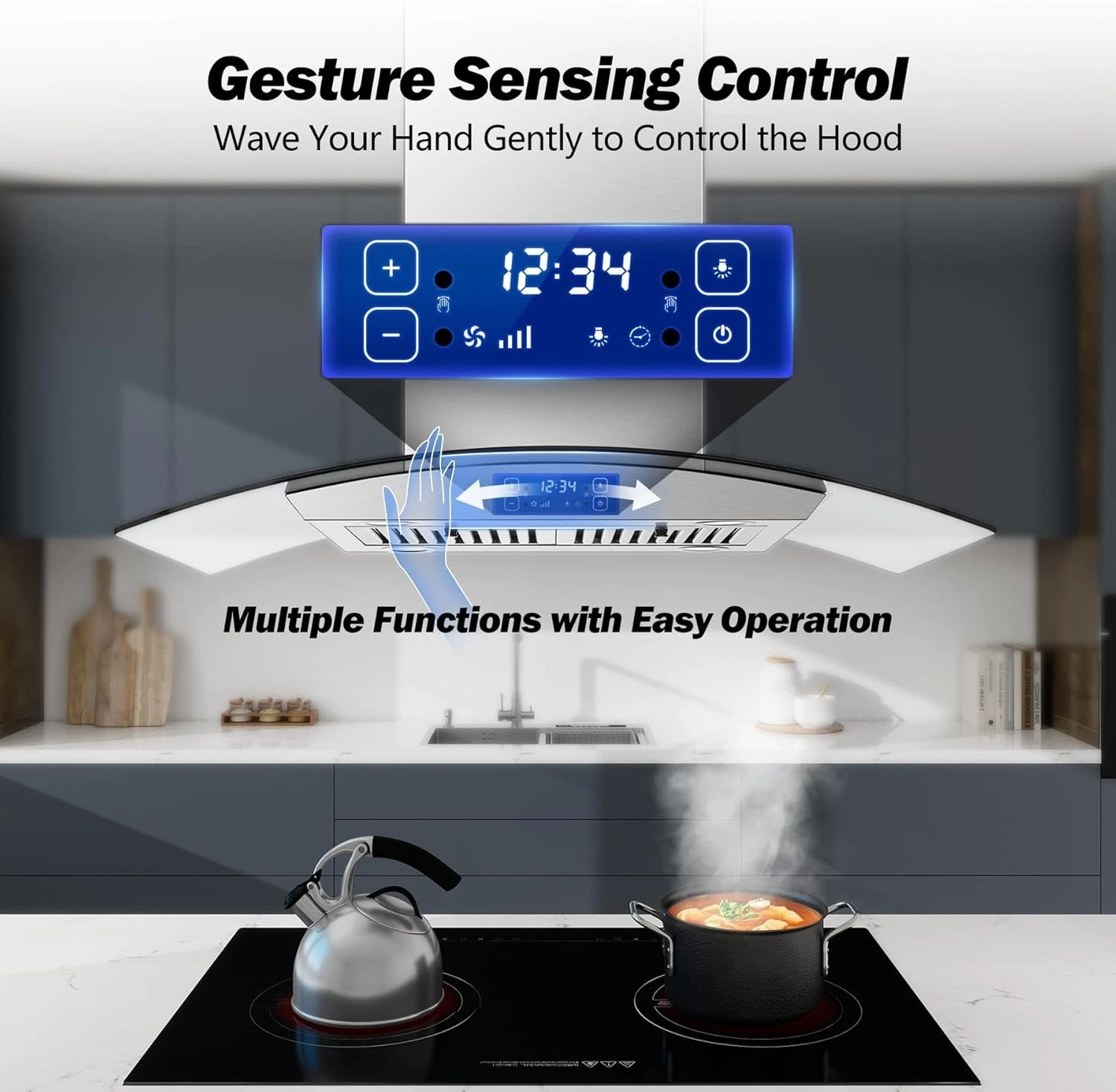 36 Inch Island Range Hood 900CFM Gesture & Touch Control Ceiling Mount Stainless Steel Ducted/Ductless Convertible, Ceiling Mount Vent Hood, Baffle Filter Exhaust Fan Extractor