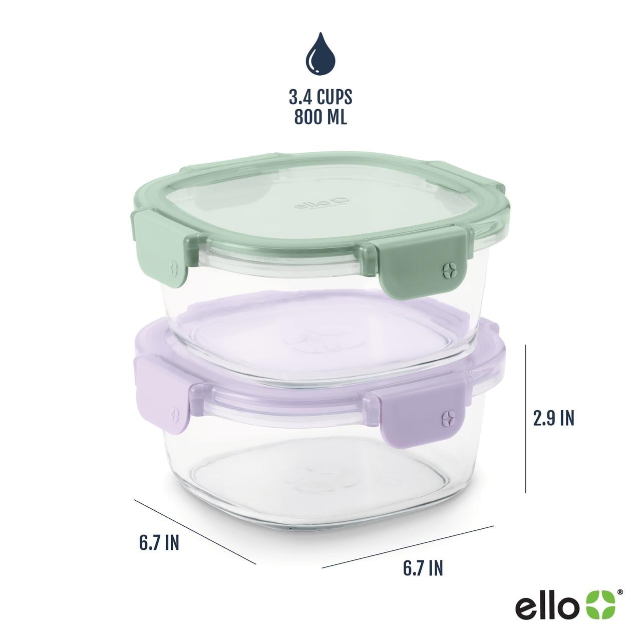 (2 pack) Ello Color Lock 3.4 Cup 2pk Round Glass Meal Prep Containers