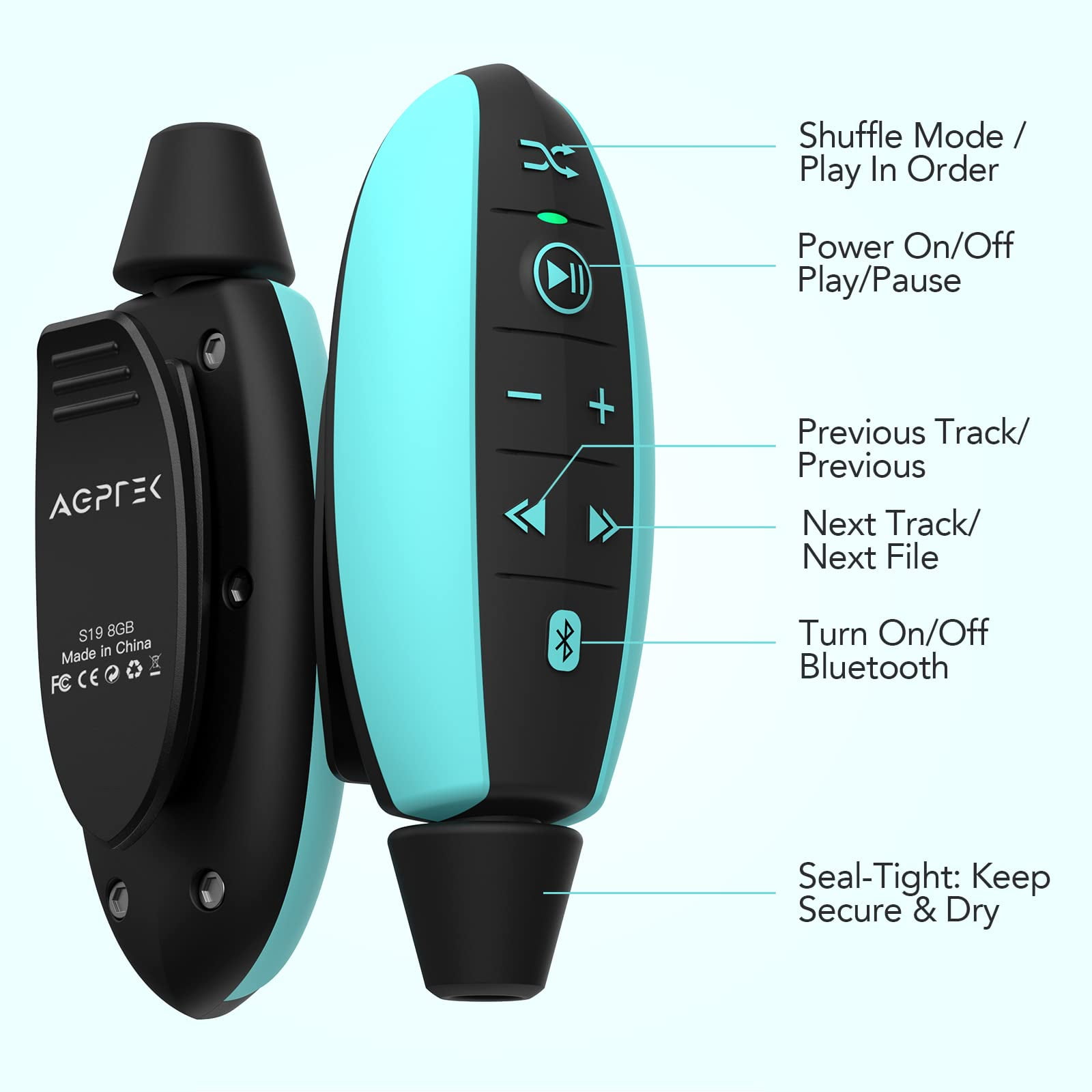 AGPTEK S19 MP3 Acuatico 8GB, Reproductor MP3 Bluetooth Impermeable IPX8 con  Clip, Aleatorio Modo, Auriculares Natacion para Correr, Ciclismo, Gimnasio,  Azul : : Electrónica