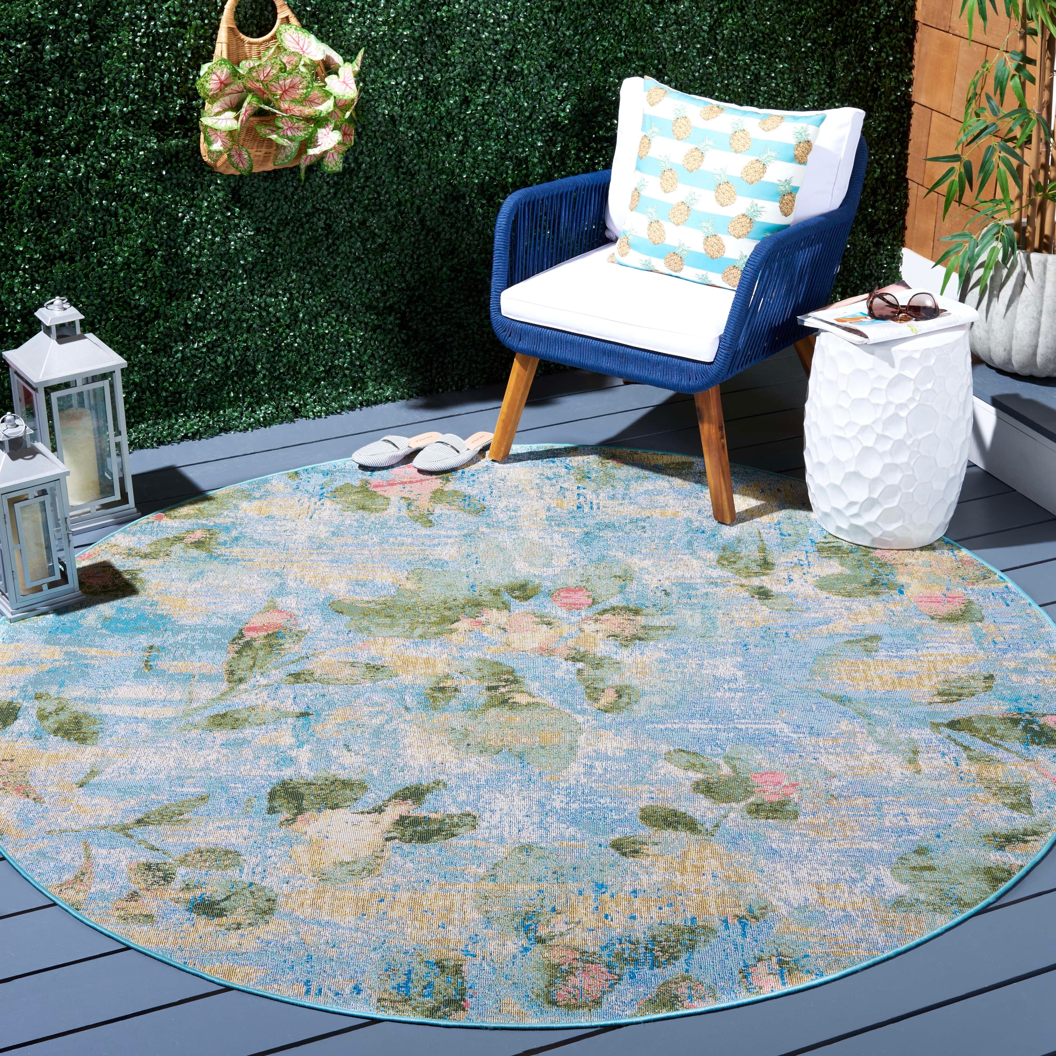 SAFAVIEH Barbados Cedric Floral Indoor/Outdoor Area Rug, Light Blue/Green, 9'10" x 12'5"