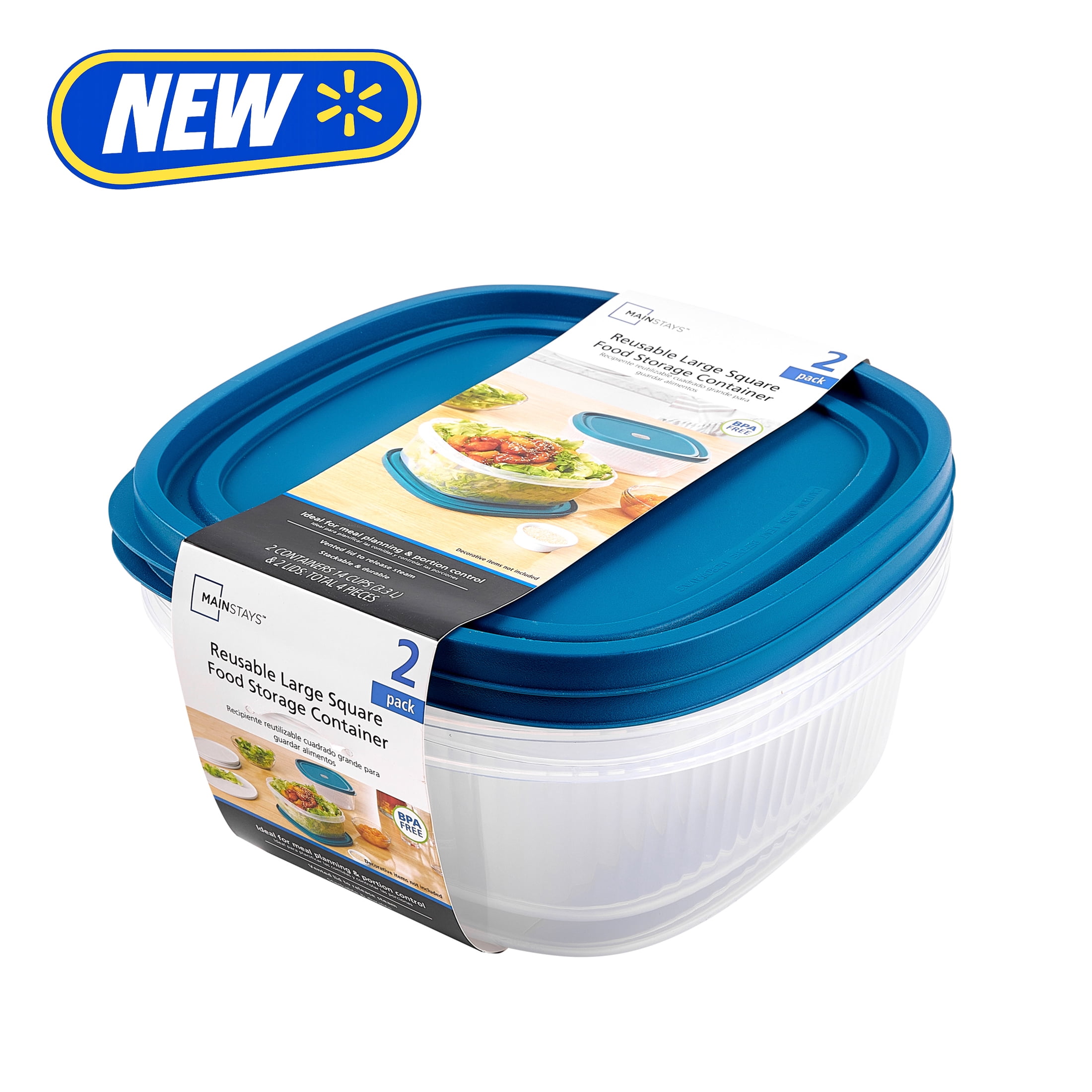 (2 pack) Mainstays Reusable Food Storage Container, Large Square, Plastic 2-Pack, 2 Containers with Lids, 14 Cups, Ideal for Snacks and Meal Prep