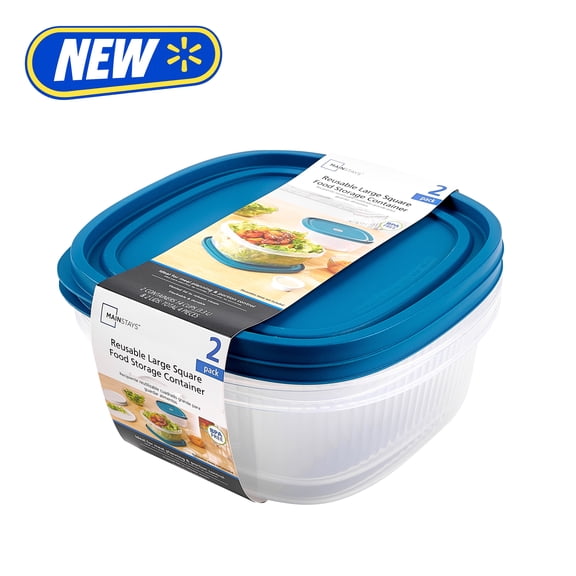 Mainstays Reusable Food Storage Container, Large Square, Plastic 2-Pack, 2 Containers with Lids, 14 Cups, Ideal for Snacks and Meal Prep