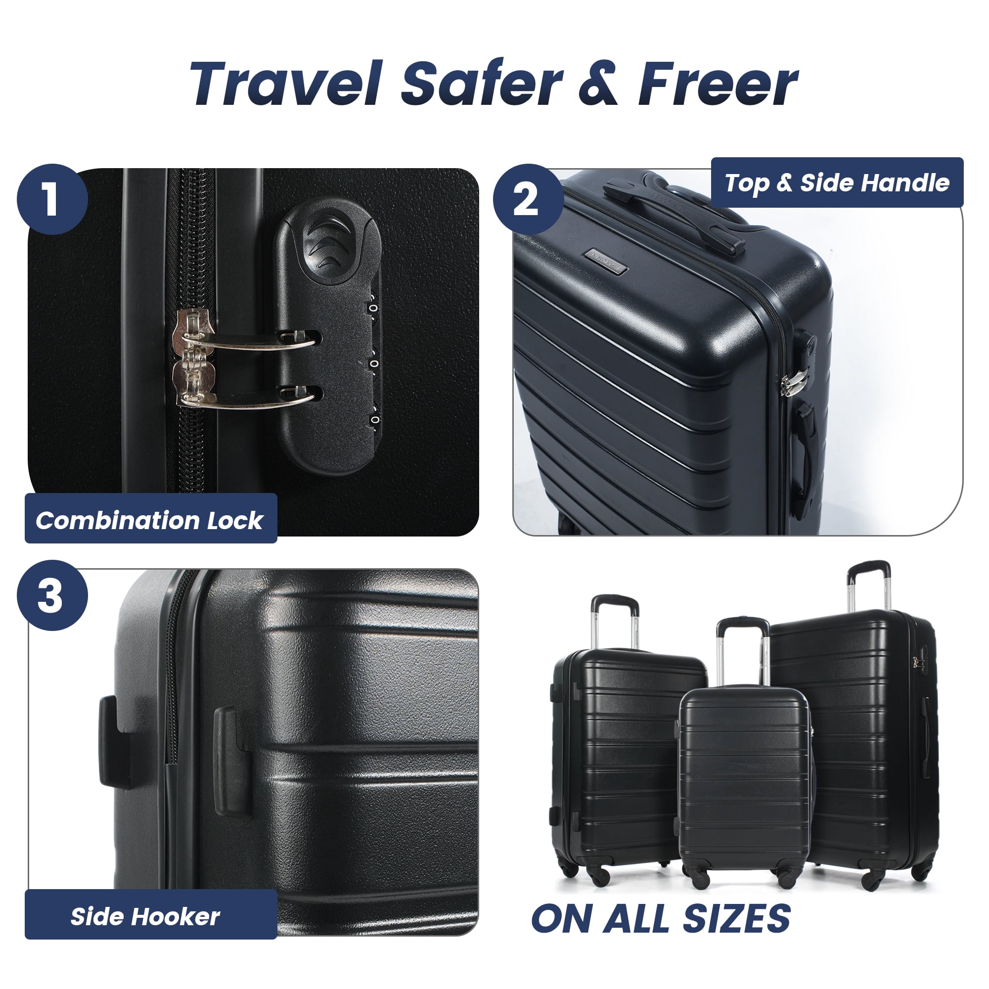 NiceTravel Luggage Set (20/24/28 inch),Hard-shell suitcase with Cup Holder(20"), Combination Locks & 360° Spinner Wheels, Black