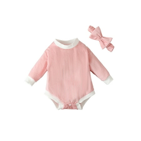

jaweiwi Infant Baby Girl Spring Fall Jumpsuit + Bow Headband Contrast Color Long Sleeve Round Neck Ribbed Corduroy Romper Size 0 6 12 18 24 M