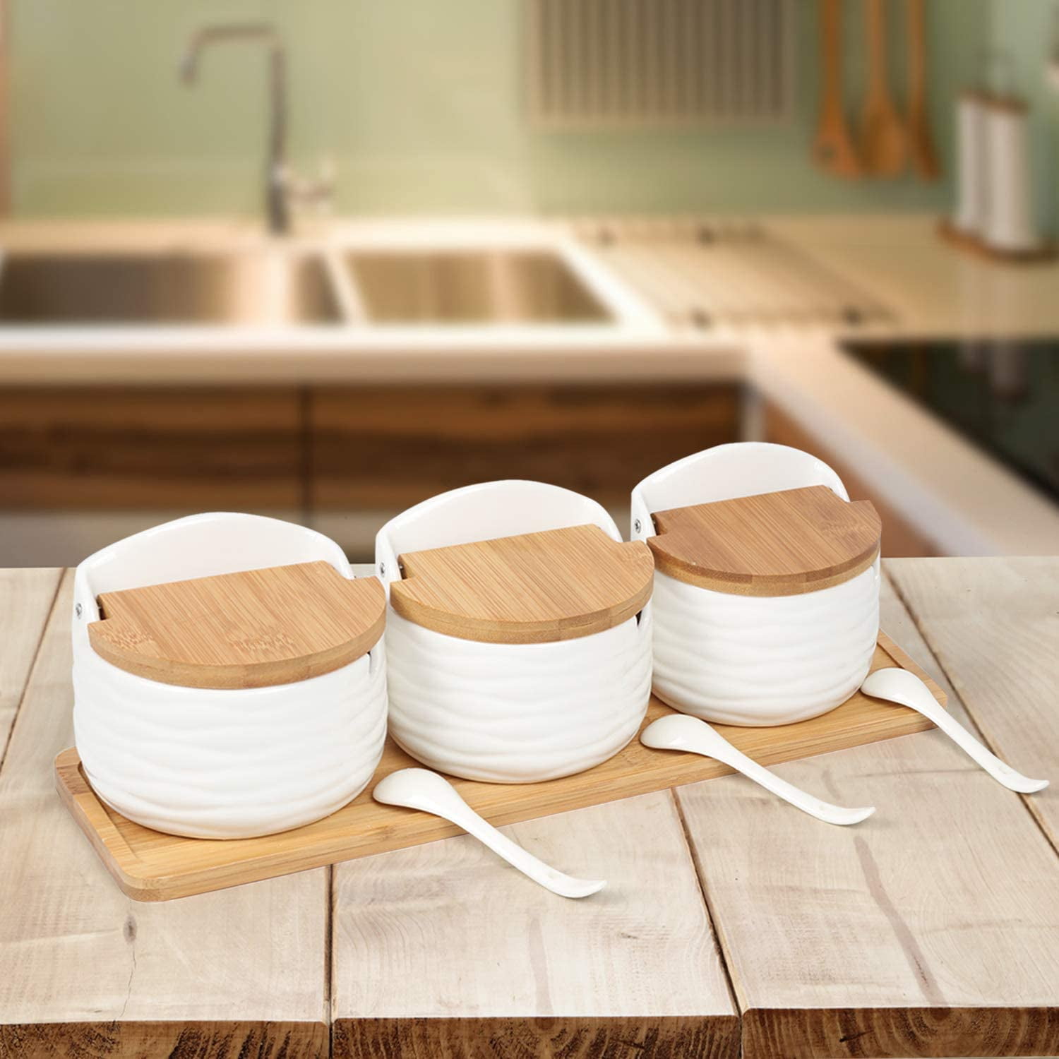 NEX White Ceramic Sugar Bowls, Set of 3 with Bamboo Lids and Spoon