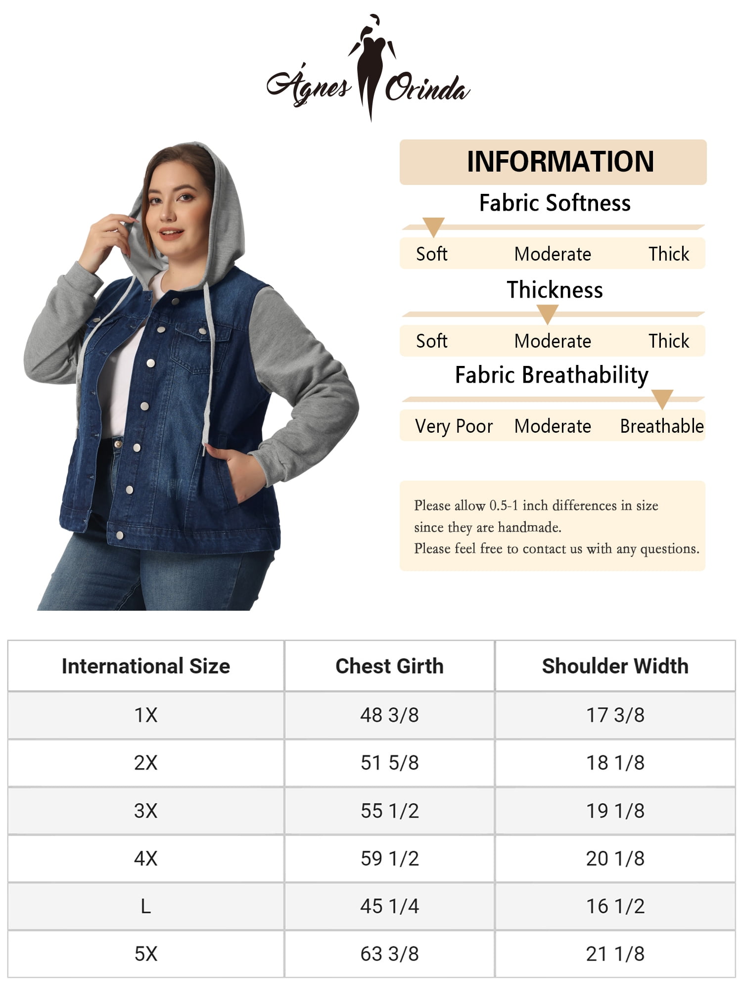 Unique Bargains Women's Plus Size Jean Drawstring Hood Denim Jacket