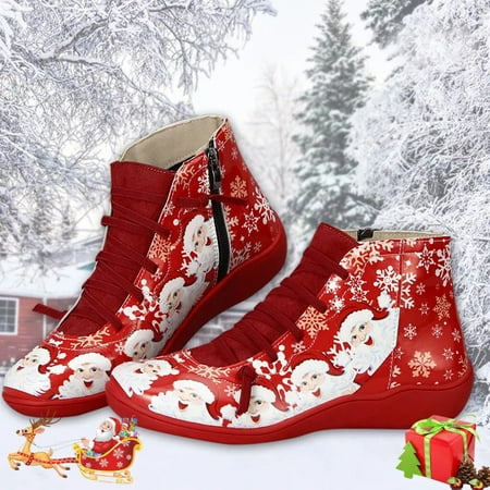 Women Ankle Boots Winter Lace Up Xmas Print Booties Retro Flat Comfort Shoes Christmas Shoes Non-Slip Walking Shoes Round Toe Slip On Leather Short Boots Breathable Boots