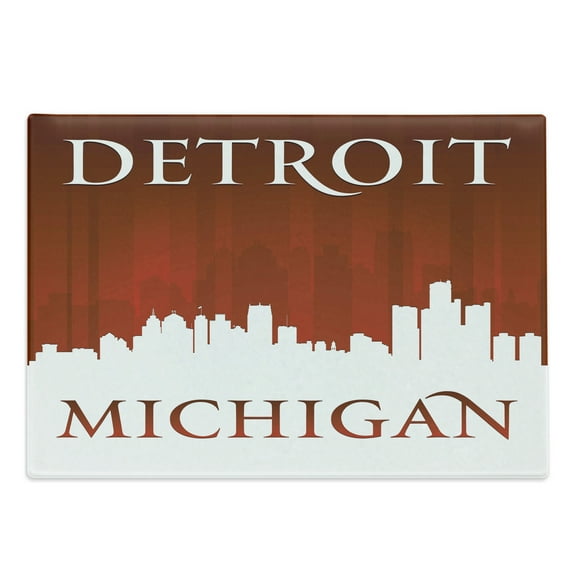 Detroit Cutting Board, Michigan City Silhouette Composition Classical Typography American City, Decorative Tempered Glass Cutting and Serving Board, Large Size, Red and White, by Ambesonne