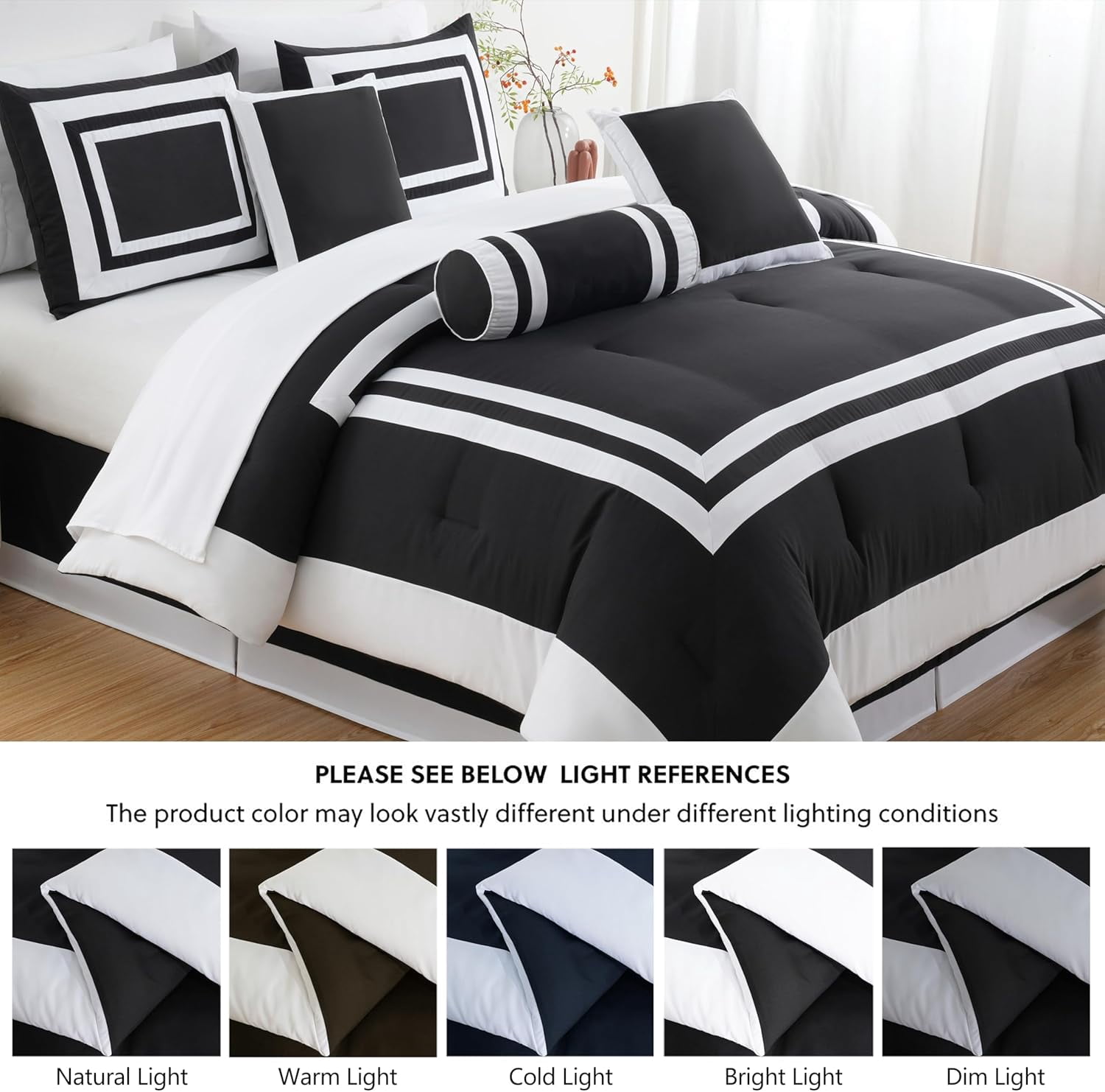 Chezmoi Collection Caprice 7-Piece Hotel Style Comforter Set King Size, Black/White Square Pattern Color Block Bedding with Decorative Pillows, Luxurious Lightweight All Season Bed Set