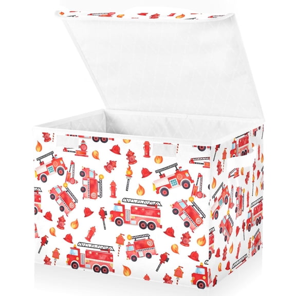 Yayeee Collapsible Cube Storage Bin with Lid Fabric Closet Decorative Basket with Handles, White Cartoon Fire Truck Pattern