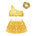 thumbnail image 3 of TiaoBug Kids Girls Sequins Dance Outfits Single Shoulder Crop Top Metallic Layered Skirt with Headwear set Gold 16, 3 of 7