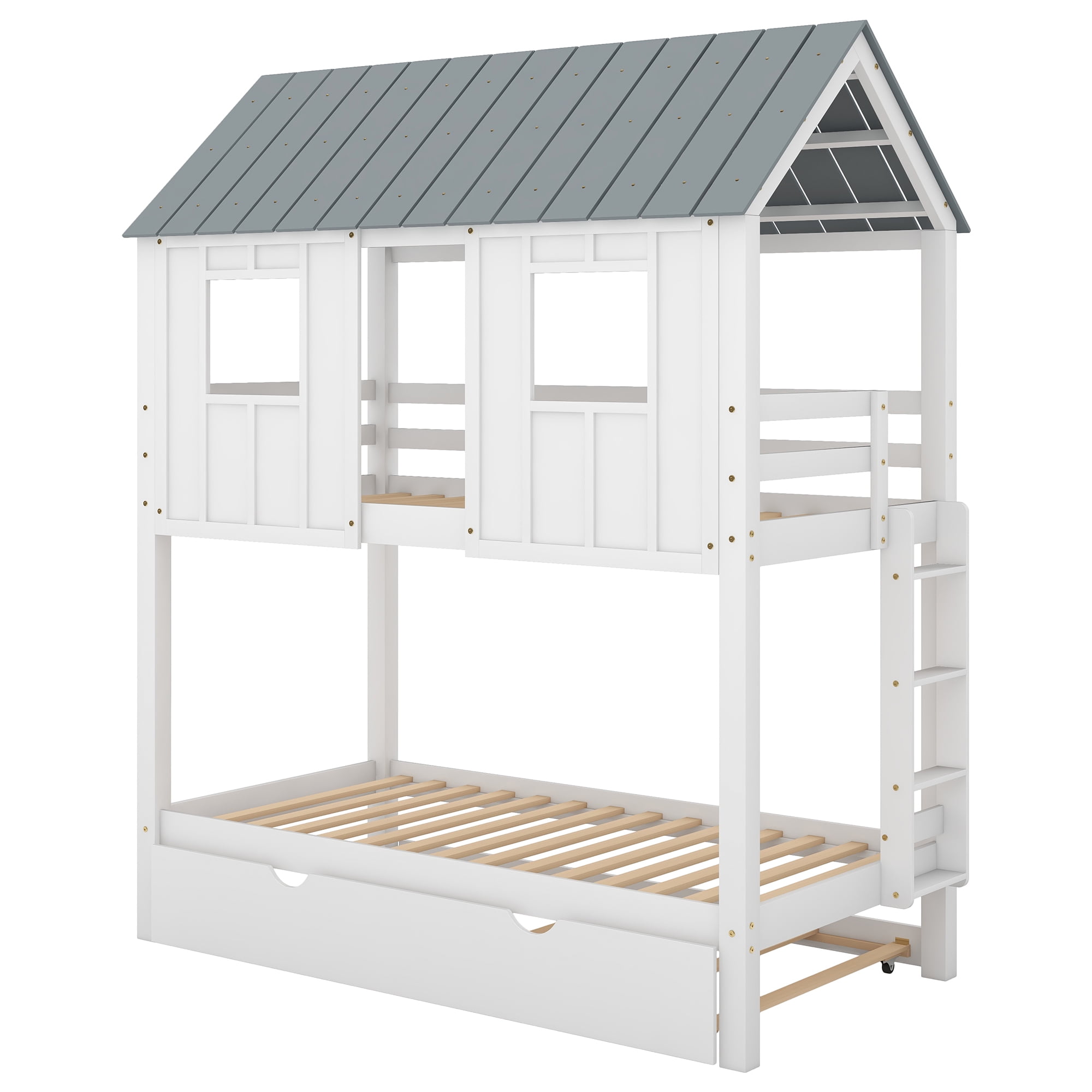 EUROCO Twin Size House Bunk Bed with Roof and Trundle for Kids Teens Bedroom, White