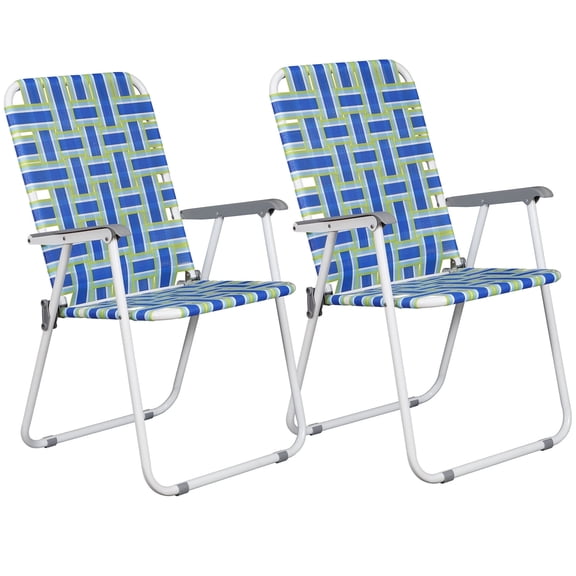 ZENY Set of 2 Patio Lawn Chairs Folding Metal Frame Webbed Camp Chair, Blue/Green