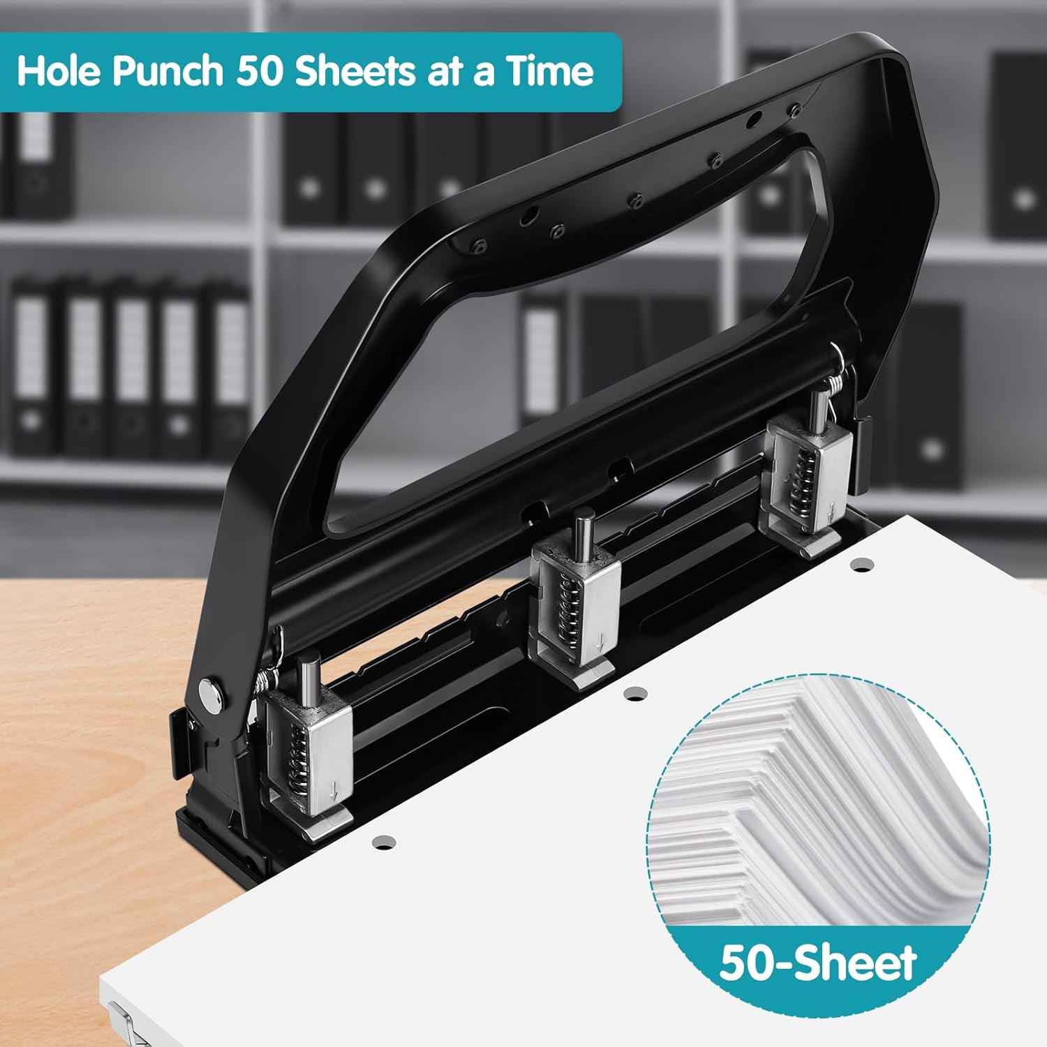 Heavy Duty Hole Punch, 50-Sheet Capacity, Reduced Effort, Adjustable Two & Three Hole, Metal Paper Puncher with Large Chip Tray and Metal Paper Guide, Black, HP18