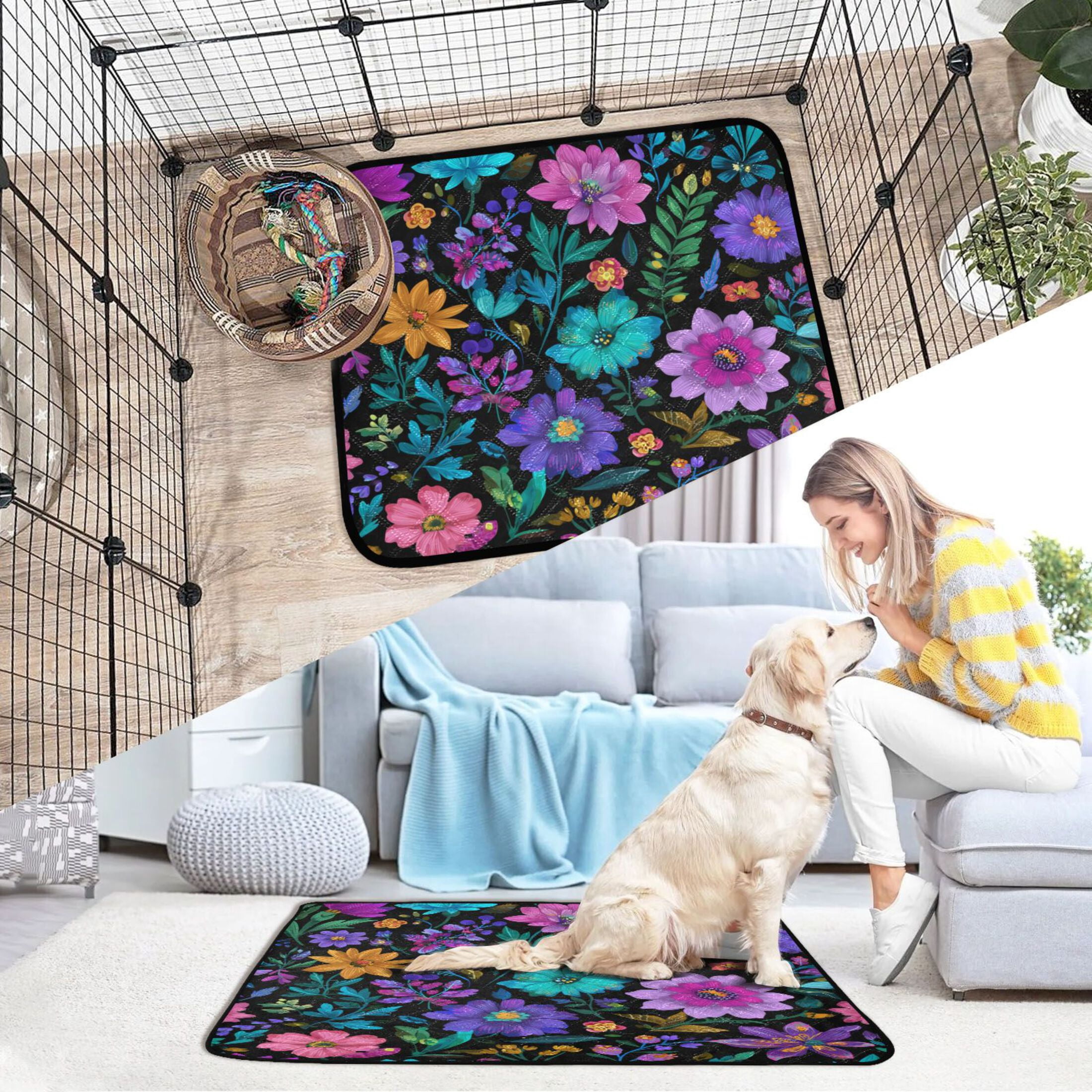 Washable Pet Pee Pads with Super Absorbent Reusable Training Pads for Dogs & Cats Colorful Flowers and Vines