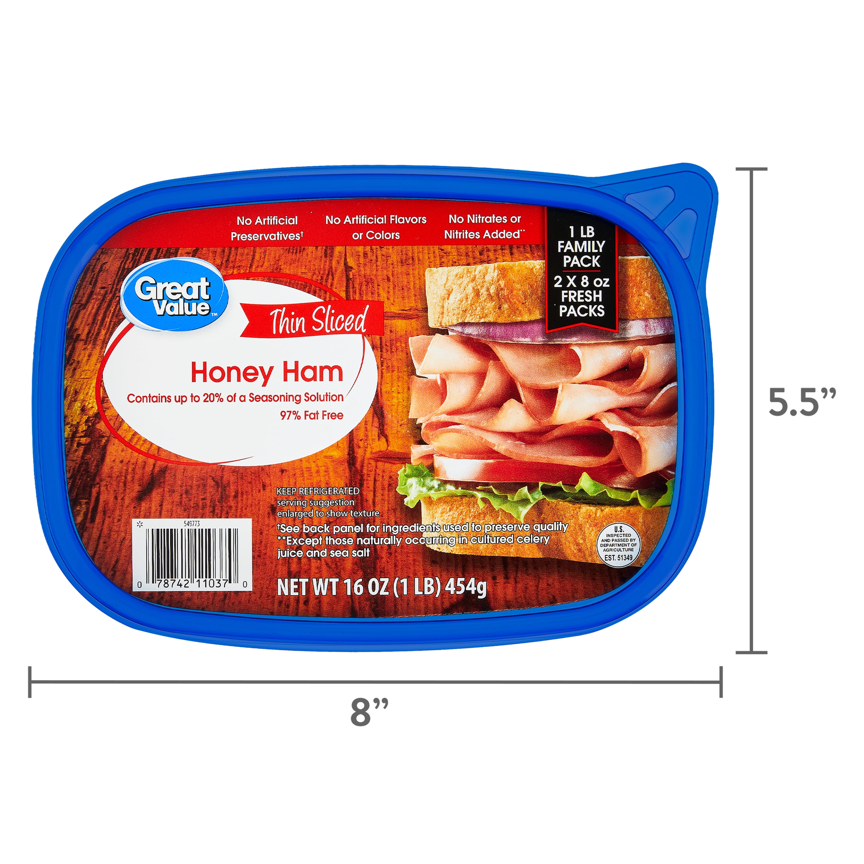 Great Value Thin Sliced Honey Ham Lunchmeat, Family Pack, 16 oz Plastic Tub, 10 g of Protein per 2 oz Serving