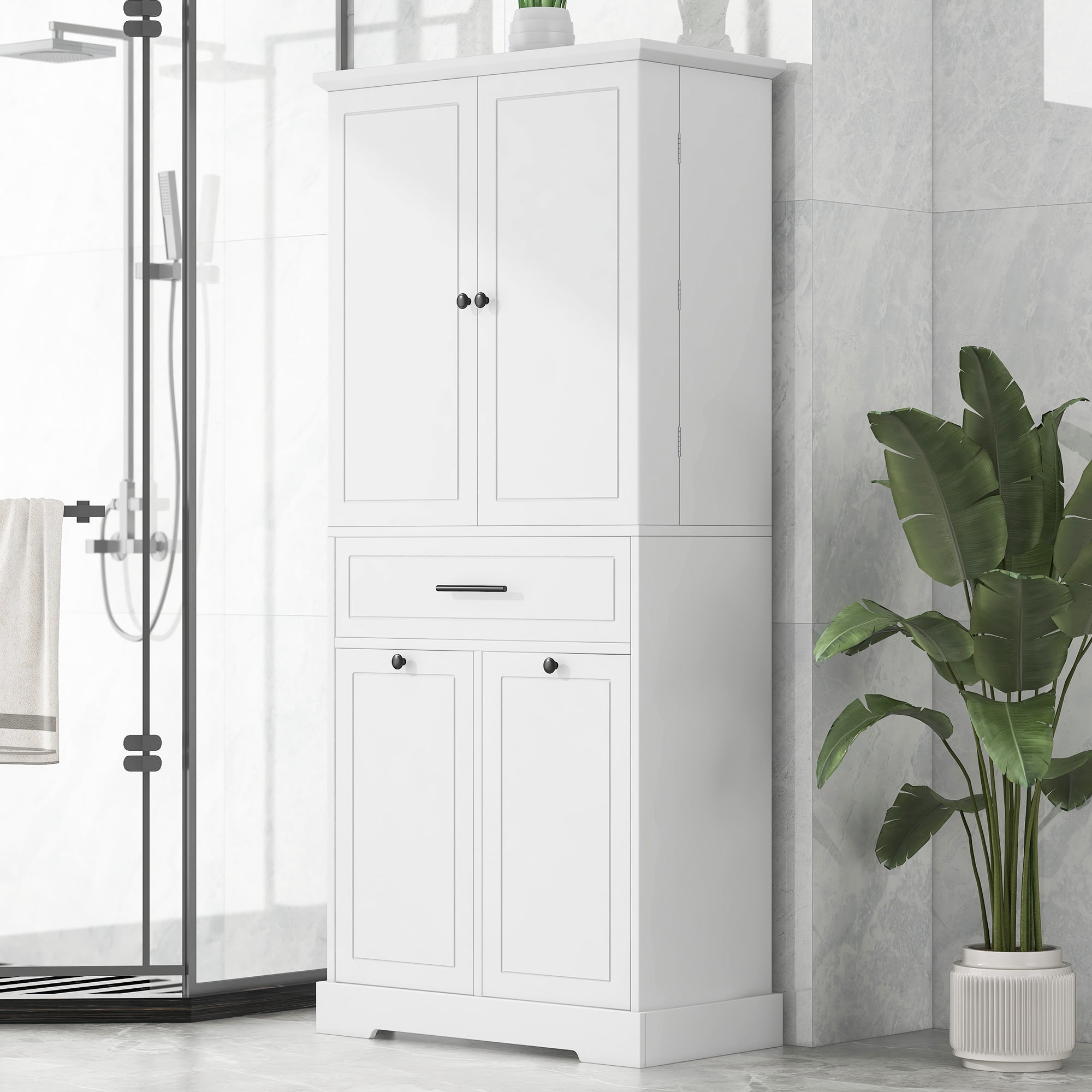 Euroco Freestanding Bathroom Storage Cabinet with Doors & Drawers, Tilt-Out Laundry Hamper, Adjustable Shelf, Multiple Storage Spaces, White
