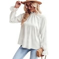 thumbnail image 5 of Women's White Frilled Mock Neck Ripple Bubble Sleeve Blouse, 5 of 5