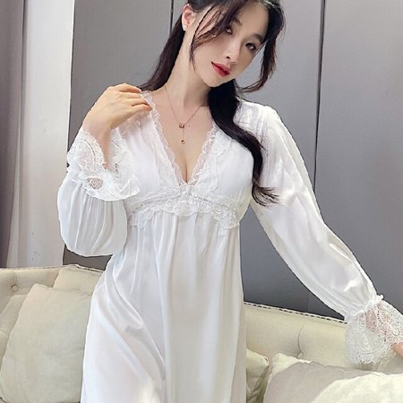 

DanceeMangoo Young Girl Lace Satin Nightdress Long Sleeve Spring Summer Nightgowns & Sleepshirts Women Sleepwear Princess Home Wear Clohtes