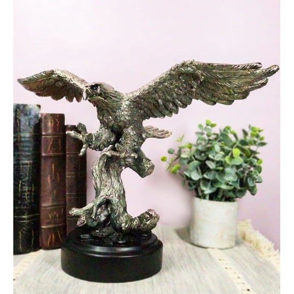 Large Majestic Electroplated Pewter Silver Bald Eagle Catching Prey Statue
