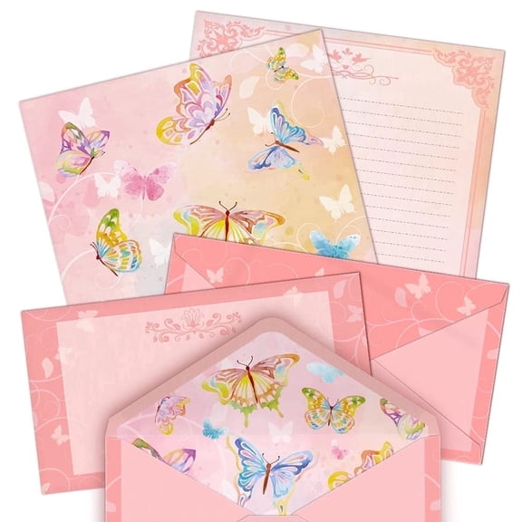 ANZON MORIES 72 Pcs Stationery Set 8.5x11in (48 Sheets Writing Letter 24 Envelopes), Pink Butterfly Girls Stationary Paper 1 Side Lined