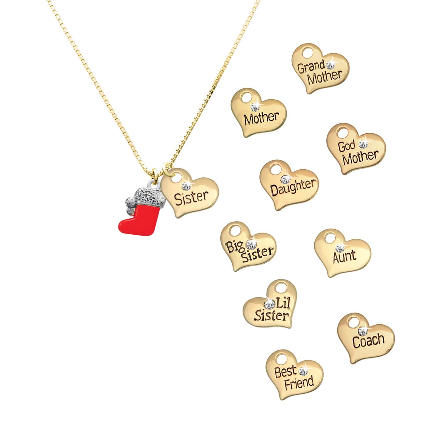 Delight Jewelry Silver-tone 3-D Red Christmas Stocking - Large Goldtone Sister Heart Charm Necklace, 17.5"+2" Extender