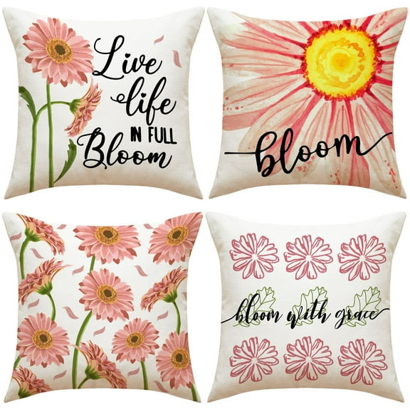 PRIYAL Watercolor Pink Bloom Daisy Sunshine Throw Pillow Covers 18x18 Inches Home Decor Set of 4 Pillow Cases Decorative for Bed Sofa Cushion Couch Outdoor
