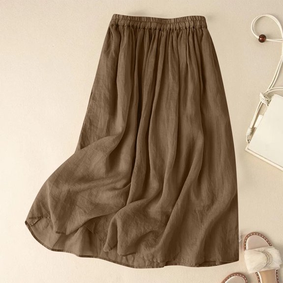 PBFRDSJ Summer Skirt Women Loose Fit Fold Elastic Waist Knee Length Skirt Solid Color Cottton Lightweight Mid-Length Skirt