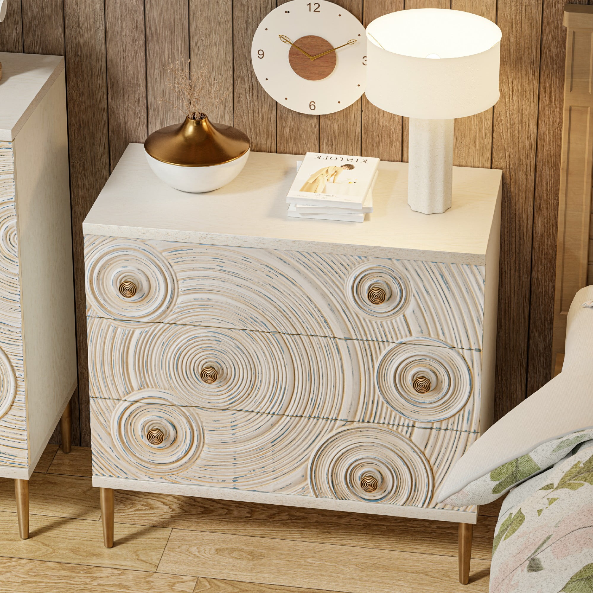 COZAYH Embossed 3 Drawer Farmhouse Dresser with Ring Motif, Distressed Boho Nightstand for Bedroom, Entryway, French Country, White & Gold
